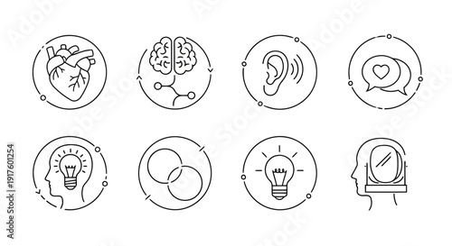 Collection of circular line icons symbolizing human mind emotions and communication