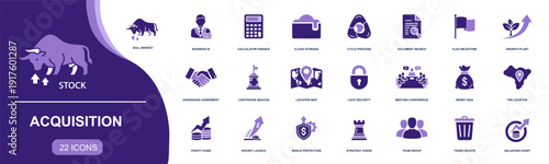Acquisition icon set. Containing bull market, calculator, cloud storage, doc search, handshake deal, lock security, money bag, valuation chart and more. Solid fill vector icons collection.