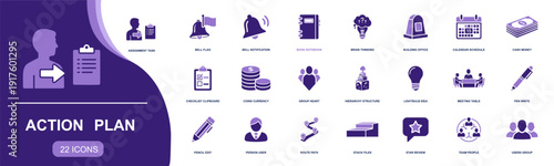 Action plan icon set. Containing assignment, checklist, calendar, bell alert, idea bulb, route path, files, meeting, team, office, coins, review and more. Solid fill vector icons collection.
