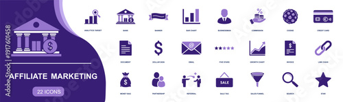 Affiliate marketing icon set. Containing analytics, bank, banner, commission, cookie, card, invoice, email, referral, partnership, funnel, sale tag and more. Solid vector icons collection.