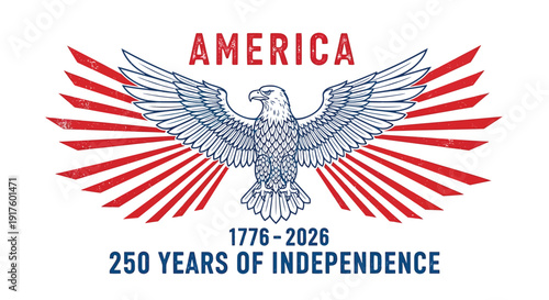 American independence celebration emblem, 250 years of freedom symbol with eagle and red rays, 1776-2026 anniversary logo vector