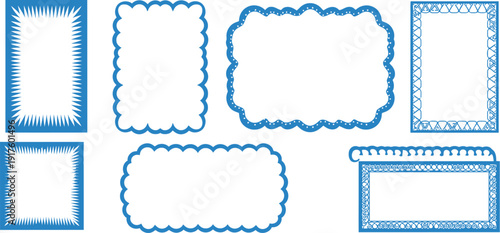 A collection of six blue decorative frames with various patterns and scalloped edges on a clean white background