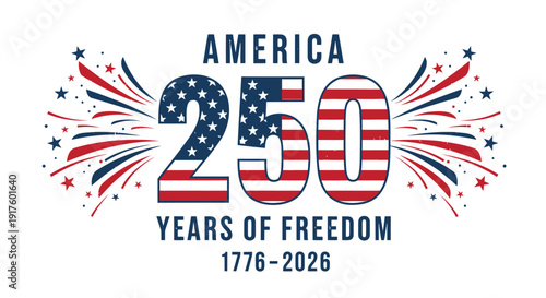 America 250 years of freedom patriotic logo, 1776-2026 isolated on transparent background. American flag themed design with red, white and blue colors.