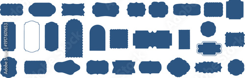 A comprehensive collection of diverse blue label shapes and ornate frames, featuring various silhouettes like rectangular, oval, and scalloped designs for graphic design.