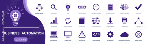 Business automation icon set. Containing workflow, algorithm, flowchart, checklist, sync, cloud, server, settings, link, download, save, warning and more. Solid fill vector icons collection.