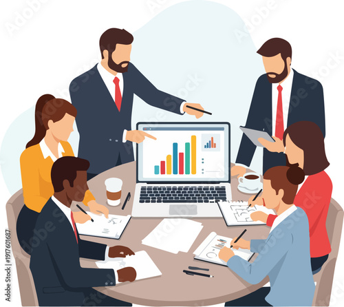 Business team discussing data analysis and strategy in meeting