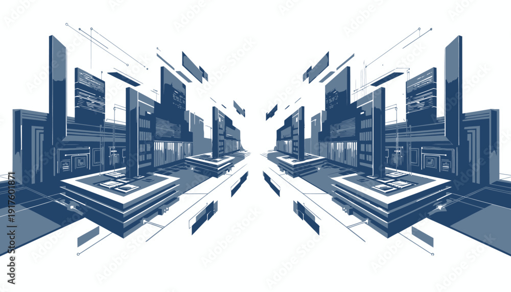 Obraz premium Futuristic Cityscape with Symmetrical Skyscrapers and Abstract Shapes.