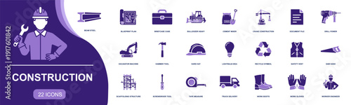 Construction icon set. Containing crane, excavator, cement mixer, drill, hard hat, safety vest, steel beam, blueprint, scaffolding, truck and more. Solid fill vector icons collection.