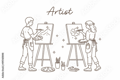 Artists creating stunning paintings on canvas in creative studio