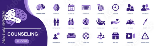 Counseling icon set. Containing brain, couple, family, therapy talk, heart hand, calendar, clock, relaxation hammock, safe vault, video call, and more. Solid fill vector icons collection.