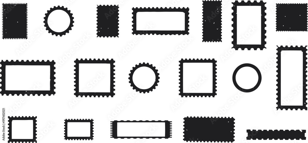 Fototapeta premium A collection of various vintage postage stamp silhouettes and frames, featuring different shapes like rectangles, squares, and circles, isolated on a clean white background.