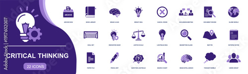Critical thinking icon set. Containing analysis, brainstorming, question, search, document review, discussion, idea bulb, notes, archive, scales and more. Solid fill vector icons collection.