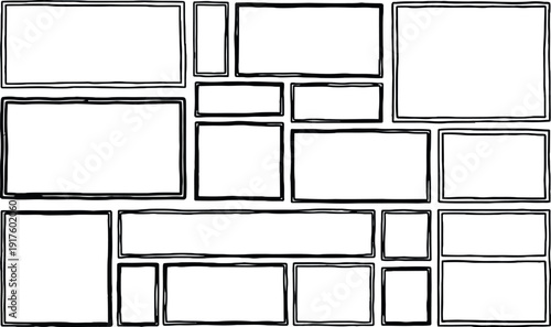 A collection of hand-drawn empty rectangular frames arranged in a collage layout on a white background.