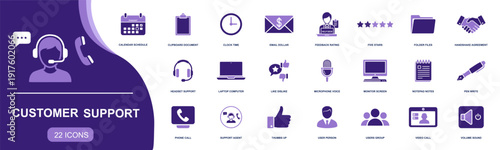 Customer support icon set. Containing help desk, headset, phone call, chat agent, email, feedback rating, calendar, files, handshake, video call and more. Solid fill vector icons collection.