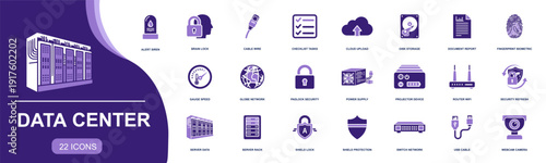 Data center icon set. Containing server rack, cloud upload, disk storage, router wifi, switch network, power supply, cables, webcam, security lock and more. Solid fill vector icons collection.