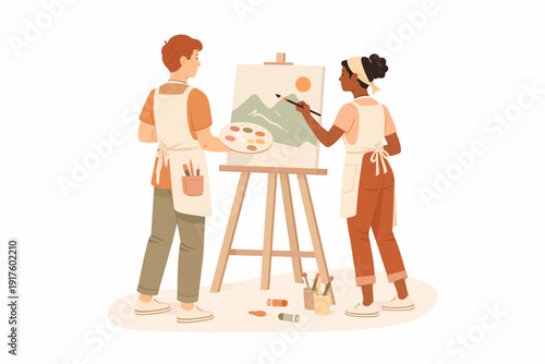 Two artists painting together in creative collaboration