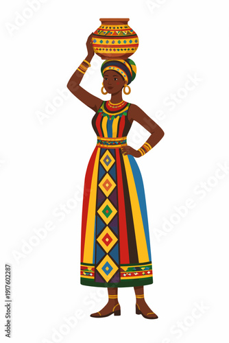 Vibrant African woman carrying colorful clay pot on her head