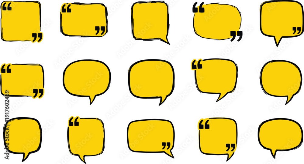Obraz premium A collection of hand-drawn yellow speech bubbles and quote boxes with black outlines on a white background for communication concepts.