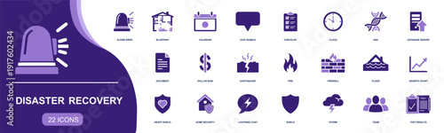 Disaster recovery icon set. Containing alarm, checklist, calendar, database, firewall, backup, flood, fire, earthquake, storm, security, team and more. Solid fill vector icons collection.