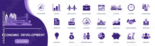 Economic development icon set. Containing GDP, growth, factory, skyline, bridge, government, import, analytics, charts, money, partnership and more. Solid fill vector icons collection.