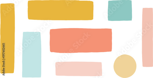 Abstract hand-drawn geometric shapes in a modern minimalist style with a pastel color palette including mustard yellow, light blue, and coral.