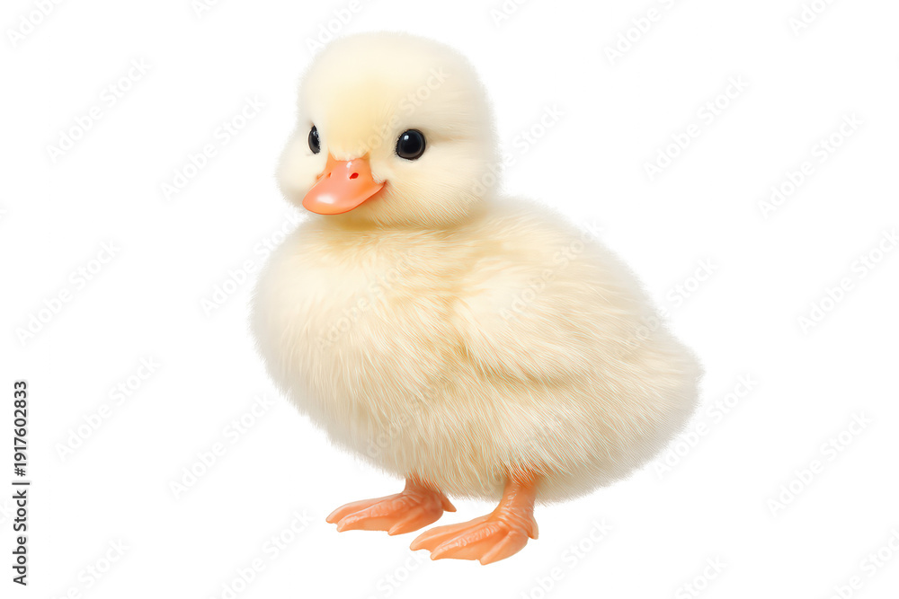 Fototapeta premium Yellow duckling standing, looking forward, fluffy waterfowl baby bird, transparent background, poultry farm animal