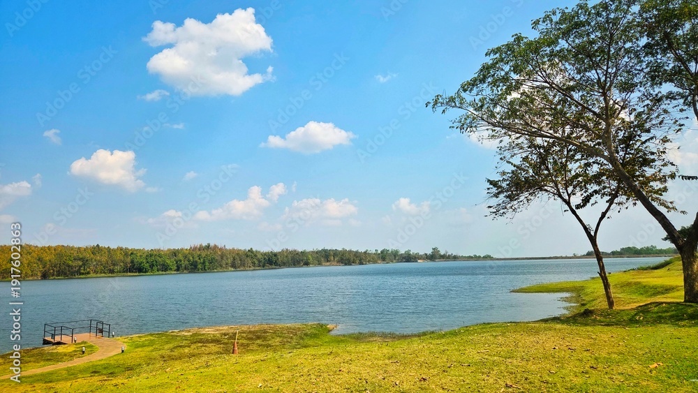 Fototapeta premium Panoramic View of a Calm Reservoir Landscape with Blue Sky, Green Grass, and Lush Trees.