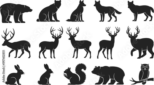 Black forest wildlife silhouettes collection, deer and bear icons set, woodland animal graphics, wild creature vector, hunting nature animal design.