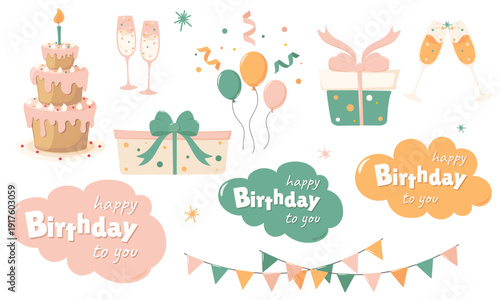 Birthday set. Cake, balloons, gifts, glasses, and garlands. Flat style.