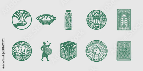 Ornate Ramadan Kareem Vector Icon Set Featuring Islamic Calligraphy Mosque Lantern and Cultural Elements for Professional Eid Mubarak Marketing Design Branding Projects