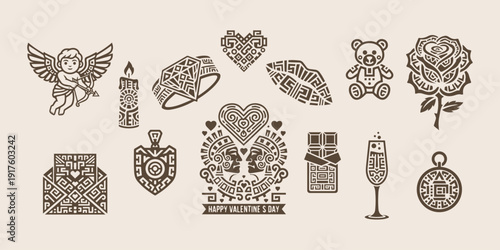 Unique tribal style Valentine icon collection featuring geometric hearts roses cupid and romantic symbols for ethnic wedding branding luxury stickers and digital ornaments