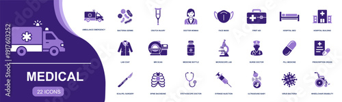 Medical icon set. Containing ambulance, doctor, nurse, first aid, hospital, mask, germs, virus, pills, syringe, MRI scan, microscope, ultrasound and more. Solid vector icons collection
