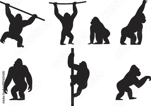 Black gorilla silhouettes collection, primate ape icons set, silverback monkey graphics, jungle wildlife vector, tropical nature design, african animal, chimpanzee.