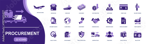 Procurement icon set. Containing RFQ, invoice, contract, supplier, cost saving, payment, credit card, quality check, shipping, cargo, logistics and more. Solid vector icons collection