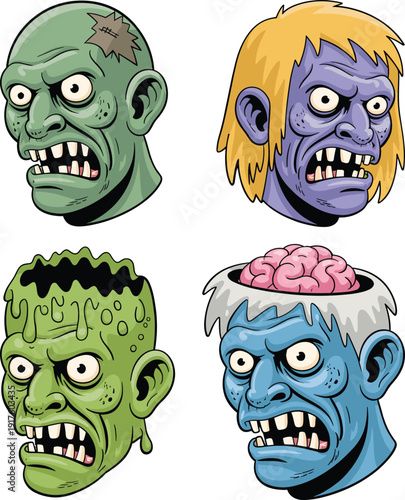 Scary cartoon zombie heads set illustration with different undead monster faces for Halloween horror design game characters vector collection