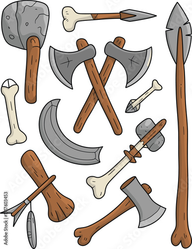 Stone age primitive weapons set illustration with axes spears bones tools for prehistoric hunter warrior survival game design vector collection cartoon handdrawn
