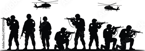 Military soldiers silhouette in combat stances with rifles and helicopters flying overhead during a tactical army mission for defense and security operations.
