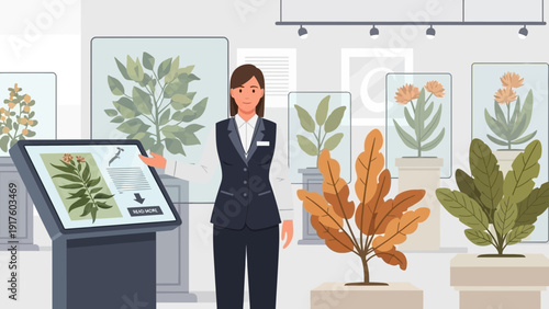 Botanical Exhibition Woman Presenting Plant Specimens in Art Gallery.