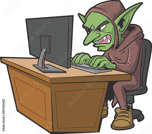 Cartoon goblin hacker working angrily on computer illustration concept for cybersecurity cyber crime fantasy character office desk technology digital security threat malware