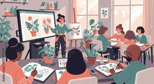 Botanical Illustration Class Students Learning Plant Drawing Techniques.