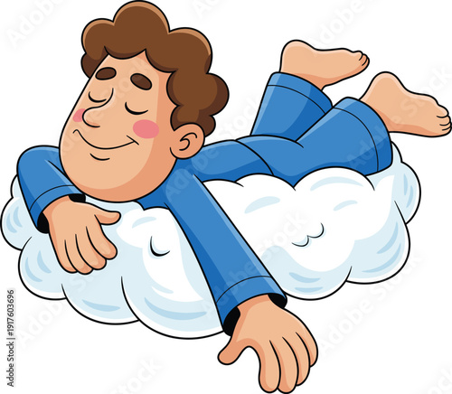Vector cartoon illustration of a peaceful man in blue pajamas sleeping deeply on a fluffy white cloud experiencing sweet dreams and total relaxation