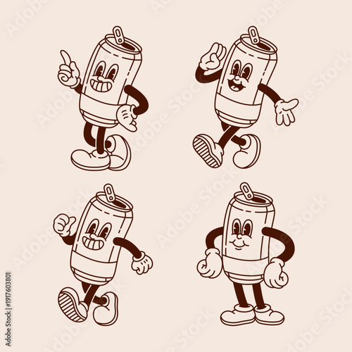 Set of four monochrome rubber hose soda can mascots in dynamic poses: pointing, walking, running, and standing. Retro vintage character design.