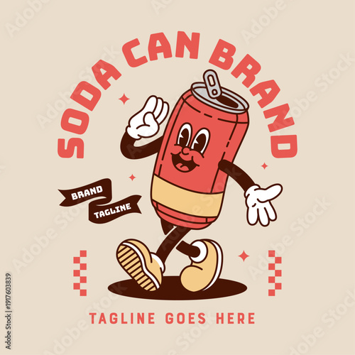 Rubber hose vintage red soda can mascot walking and making a salute gesture, beverage brand logo with retro checkered pattern, pink stars, and ribbon.