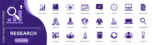 Research icon set. Containing scientific analytics, brainstorm, library, calendar, clock, microscope, test tube, lab flask, notebook, map, team, and more. Solid fill vector icons collection.