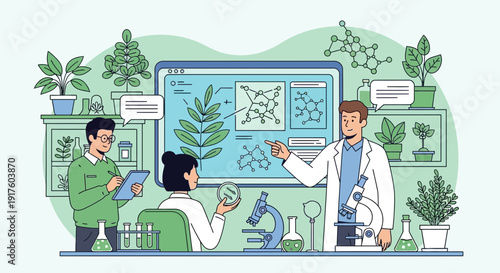 Botanical Research Team Analyzing Plant Structures in a Laboratory Setting.