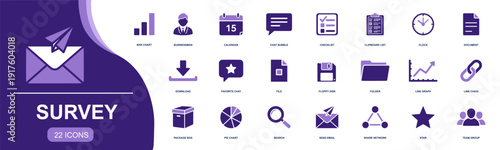 Survey icon set. Containing checklist, clipboard, calendar, charts, feedback chat, rating star, email, search, download, files, folder, team and more. Solid fill vector icons collection.
