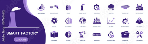 Smart factory icon set. Containing plant, conveyor belt, robotic arm, barcode scan, cloud data, AI brain, analytics, gears, maintenance and more. Solid fill vector icons collection.