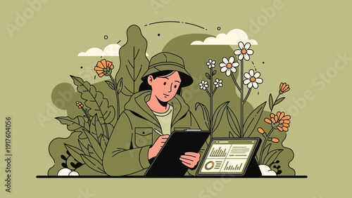 Botanist Analyzing Data in Nature with Digital Tablet and Clipboard.
