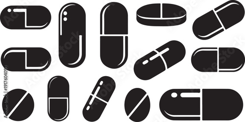 Black and white illustration of various pills and capsules