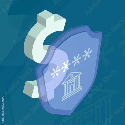 Isometric dollar protected by a bank password and shield. Isolated cartoon vector concept on blue background top view